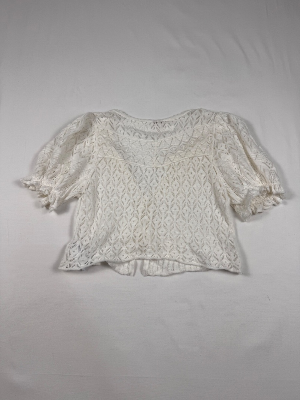 Free People Cream Lace Tie-Front Cardigan Puff Sleeve Boho Cottagecore Top M - Picture 10 of 10